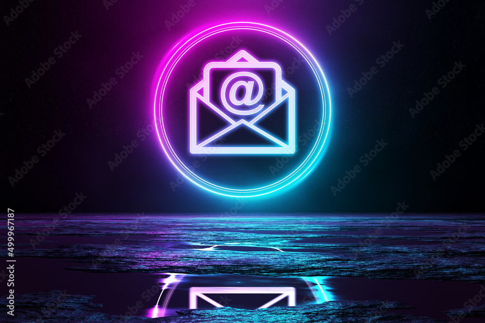 Aufkleber digital email holographic icon illuminating the floor with blue and pink neon light 3d rendering