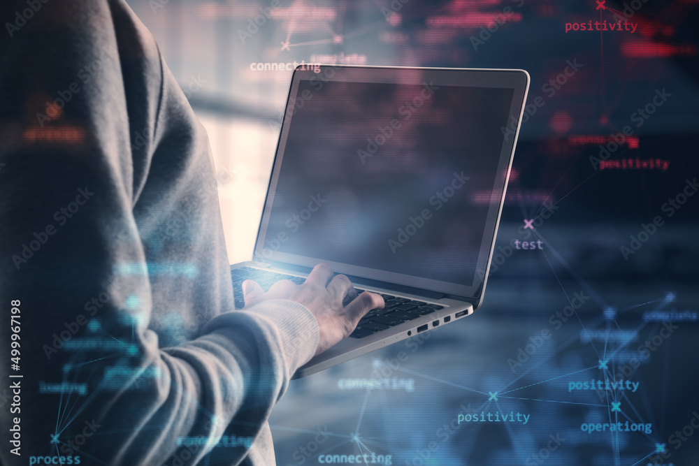 Aufkleber Close up of hacker hand using mock up screen laptop with creative process stages mesh on blurry office interior background. Hacking, system and software concept. Double exposure.