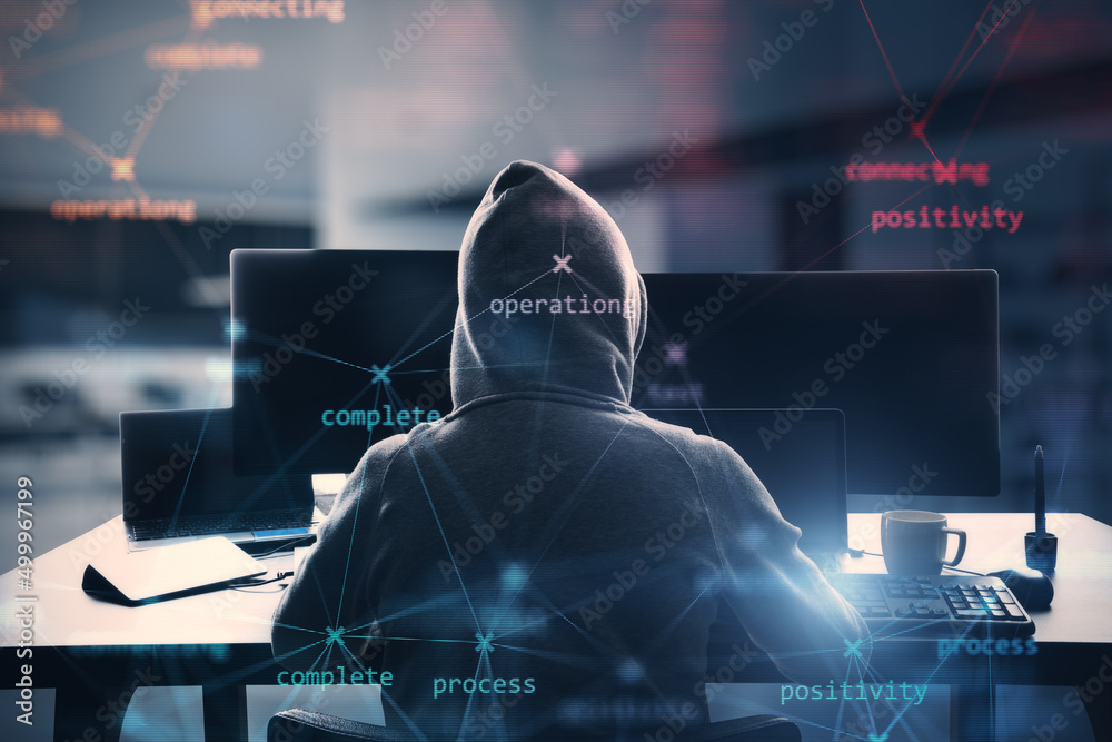 Poster Back view of hacker at desktop using computers with creative process stages mesh on blurry office interior background. Hacking, system and software concept. Double exposure.
