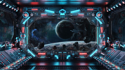 Dark spaceship interior with glowing blue and red lights. Futuristic spacecraft with large window view on planets in space. 3D rendering © sdecoret