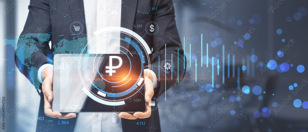 Poster businessman hand holding tablet with creative glowing round ruble chart hologram on blurry wide offi