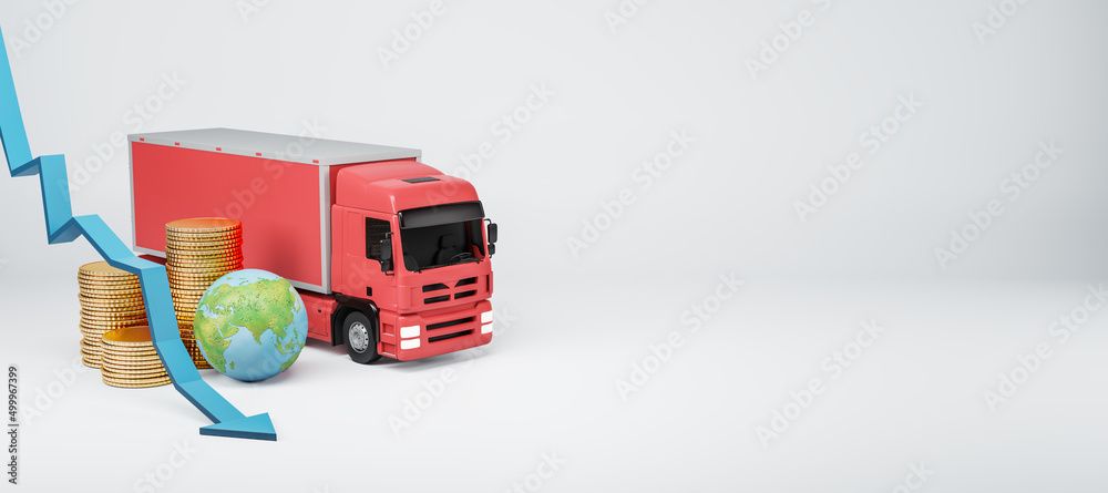 Poster creative image with transportation truck, falling arrow, globe and stacked coins on white background
