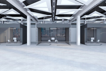 Modern concrete office corridor interior with glass doors with city view reflections. Workplace...