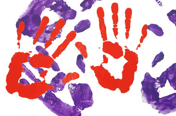 Bloody handprints on a white background. Symbol of a crime and its investigation. 