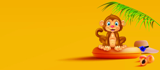 Vacation tropical paradise. Vector illustration of a monkey sitting on an inflatable circle under a palm branch. Background for creativity.