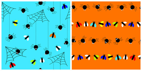 Set of colorful seamless pattern with spiders and insects. Simple repeated backgrounds for fabric, wallpaper, giftwrap or design. Eps 10