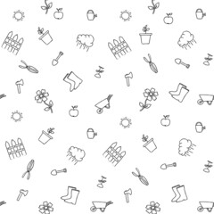Seamless gardening pattern. Doodle vector with gardening icons. Vintage gardening icons on white background