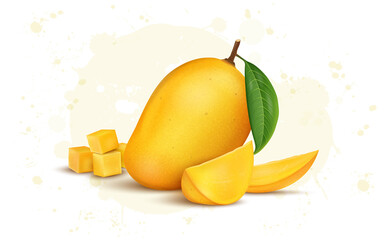 Fresh Yellow mango with Mango leaves and slices vector illustration