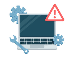 壊れたノートパソコンのイラスト. エラー警告. パソコンの故障や修理のベクターイメージ