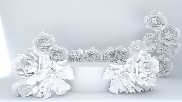3D render many White roses  on podium in white background for premium nature healthcare product