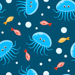 Sea background. Vector seamless pattern with cute cartoon characters. Funny blue jellyfish and bright fish. Underwater life illustration.