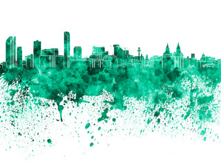 Fototapeta premium Liverpool skyline in green watercolor on white background