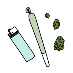 Vector illustration of a joint, lighter and marijuana buds isolated on white background.