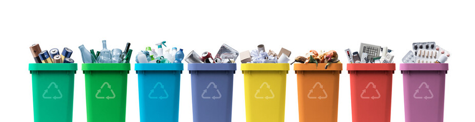 Collection of recycling bins with different types of waste