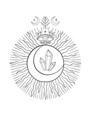 Mystic aesthetic sun witch mage composition print. Hand draw black color.Esoteric sign alchemy.