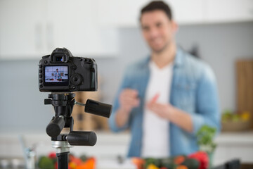 blogger while recording new video for his youtube channel