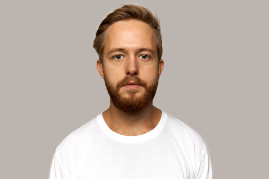 Horizontal picture of attractive Caucasian cute bearded guy posing in white cotton t-shirt against grey background of studio wall looking at camera, having stylish haircut and calm face expression
