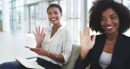 Youll find motivation online. Diverse group of business people showing thumbs up and waving, waiting in line at a conference. Portrait of a queue of businesspeople looking at the camera and greeting 