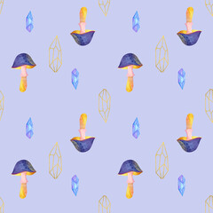 Seamless pattern crystals, mushroom, pink, purple, print for wrapping and textile. Endless Decorative Background design. Perfect for textile and scrapbooking.