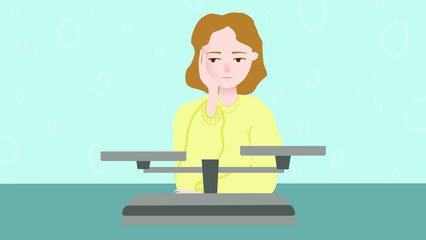 Illustration with thinking girl and table scales. Decision-making. Reflections. Weighing, make a choice.