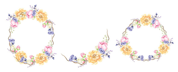 Floral bunches. Watercolor style wedding bouquets. Isolated on white background. Romantic floral hand drawn illustration.