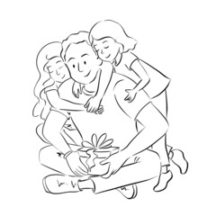 Father and daughters hug each other. Present box and gift. Fatherhood and parenting. Every day moments. Love my daddy. Happy Fathers day. The best dad ever. 