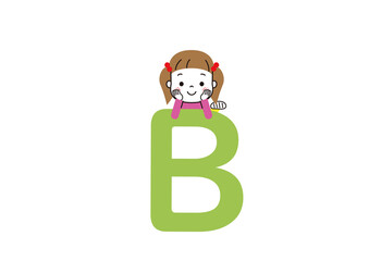 Bの文字に頬杖をついて微笑んでいる女の子