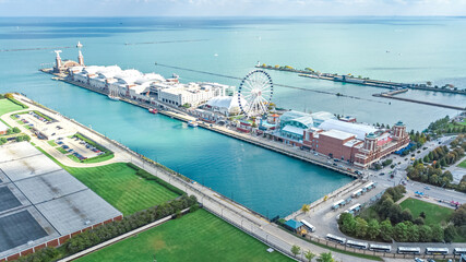 Chicago pier and skyline aerial drone view from above, lake Michigan and city of Chicago downtown...