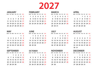 Calendar 2027 template, Planner 2027 year, Wall calendar 2027 template, Week Starts Monday, Set of 12 calendar, advertisement, printing, organization and business, stationery, simple minimal. - obrazy, fototapety, plakaty