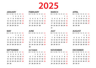 Calendar 2025 template, Planner 2025 year, Wall calendar 2025 template, Week Starts Monday, Set of 12 calendar, advertisement, printing, organization and business, stationery, simple minimal. - obrazy, fototapety, plakaty