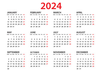 Calendar 2024 template, Planner 2024 year, Wall calendar 2024 template, Week Starts Monday, Set of 12 calendar, advertisement, printing, organization and business, stationery, simple minimal. - obrazy, fototapety, plakaty