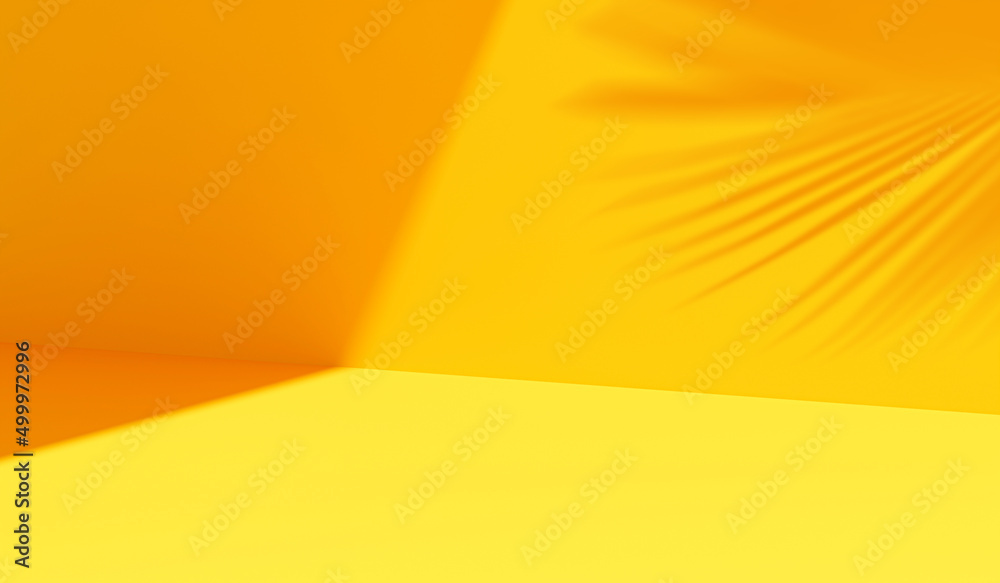 Poster Abstract sun light yellow summer backdrop studio of blank tropical shade gradient product platform 3d background or minimal sunny presentation display room and empty banner template on colorful scene.