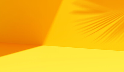Abstract sun light yellow summer backdrop studio of blank tropical shade gradient product platform 3d background or minimal sunny presentation display room and empty banner template on colorful scene.