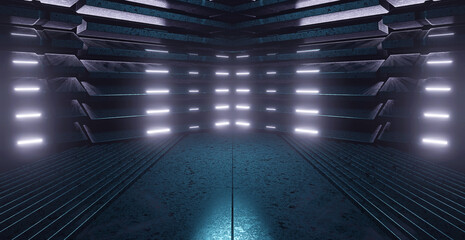 Futuristic Industrial Metal Stage Room Warehouse Showroom Lighted Light Purple Banner Background Concept Of The Future For Product Backgrounds Presentation 3D Rendering © lumerb