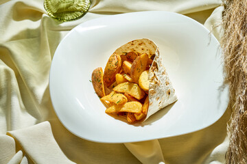 Baked potatoes in spices in a plate. Selective focus