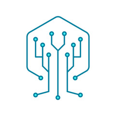 Digital tree line icon. Blue color circuit tree. Data science concept. Technology and nature connection. Internet and networking idea. Natural pattern in science. Vector illustration, flat, clip art.
