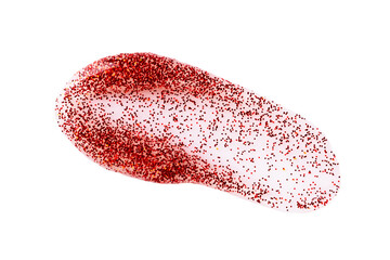 Abstract red glitter beauty smear isolated on white background. Holiday lip gloss or nail polish smear. - obrazy, fototapety, plakaty