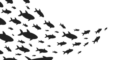 Naklejka na ściany i meble Silhouettes school of fish with marine life of various sizes swimming fish flat style design vector illustration. Colony of big and small sea animals.