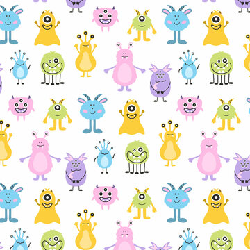 Monster Halloween seamless pattern. Cute cartoon characters in simple hand-drawn Scandinavian style. Vector childish funny doodle illustration. Baby clothes, textiles, fabric, wallpaper,paper