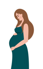 Young beautiful pregnant woman. Side view silhouette. Pregnancy flat character with long hair. Pregnancy or mathernity concept vector illustration