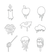 Icons with drops, small tattoo, paint drips, continuous line drawing, print for clothes and logo design, emblem or logo design, silhouette one single line, isolated abstract vector illustration.