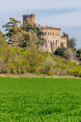 Vertical view of the ancient castle of Tabiano, Parma, Italy, surrounded by nature