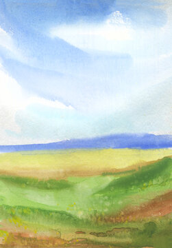 Watercolor abstract landscape with blue sky, distant hills, grass fields. Hand drawn illustration