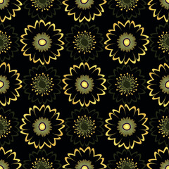 Black geometric seamless pattern with golden flowers. Vector eps 10