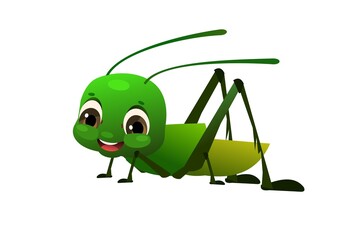 Green grasshopper. Wildlife object. Little funny insect. Cute cartoon style. Isolated on white background. Vector