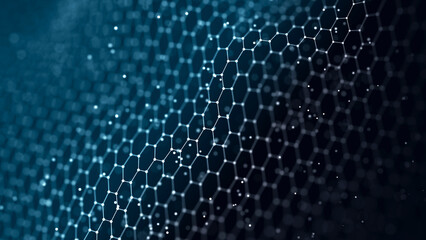 Abstract chain of hexagonal shapes. Data technology background. 3D rendering.