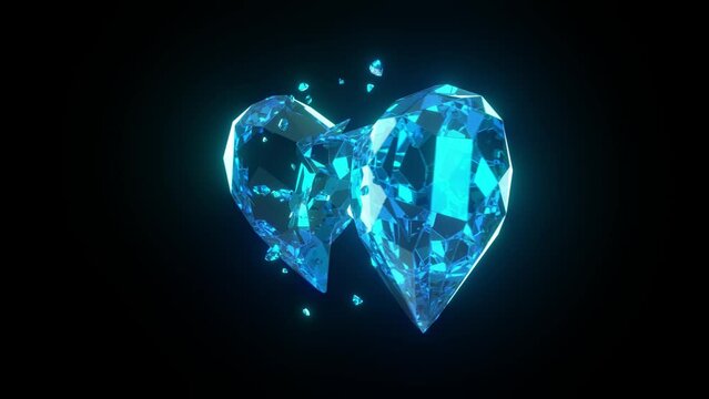 Breaking blue ice crystal heart on dark background