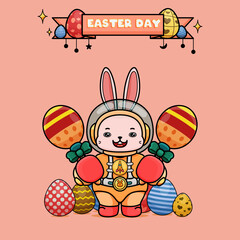 Celebrating Easter, doddle bunny mascot with an outline, in a kawaii style. easter bunny cartoon illustration in astronaut suit holding two colorful ornament egg with stick on both hand