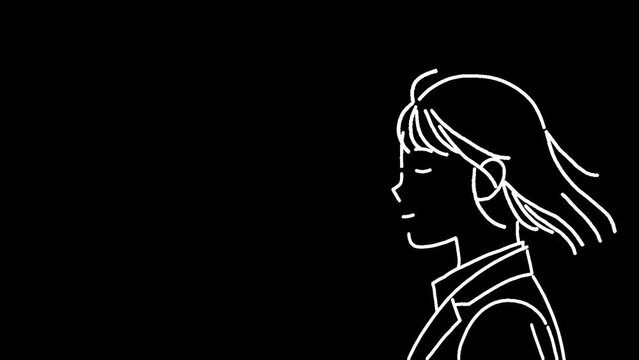 横顔の女性、風になびく髪のイラストアニメーション。アルファチャンネル付き。