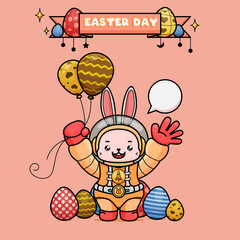 Celebrating Easter, doddle bunny mascot with an outline, in a kawaii style. easter bunny cartoon illustration in astronaut suit holding two balloons with egg shape, and waving hand